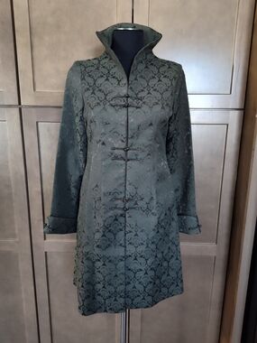 Dark Green Brocade Mandarin Collar Coat